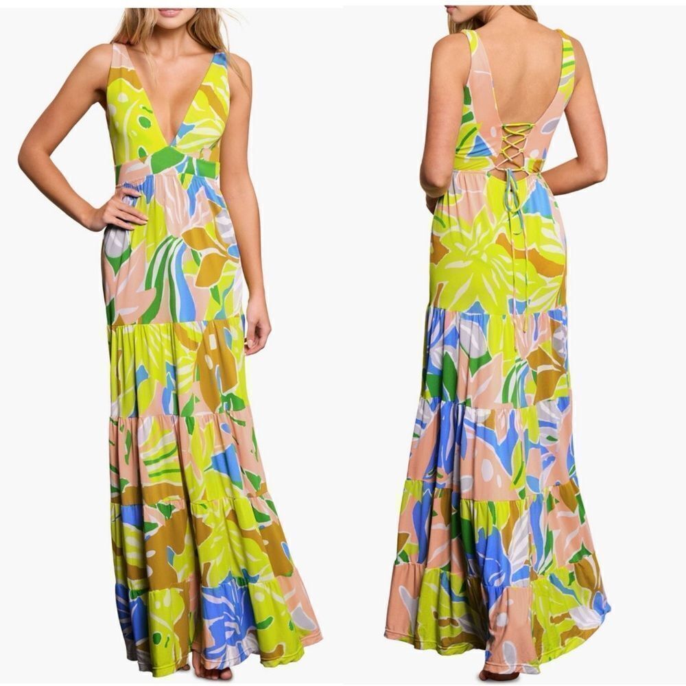 Maaji Selvatik Marea Knit Cover-Up Maxi Dress, Yellow/Blue Size Small 2/4, NWT